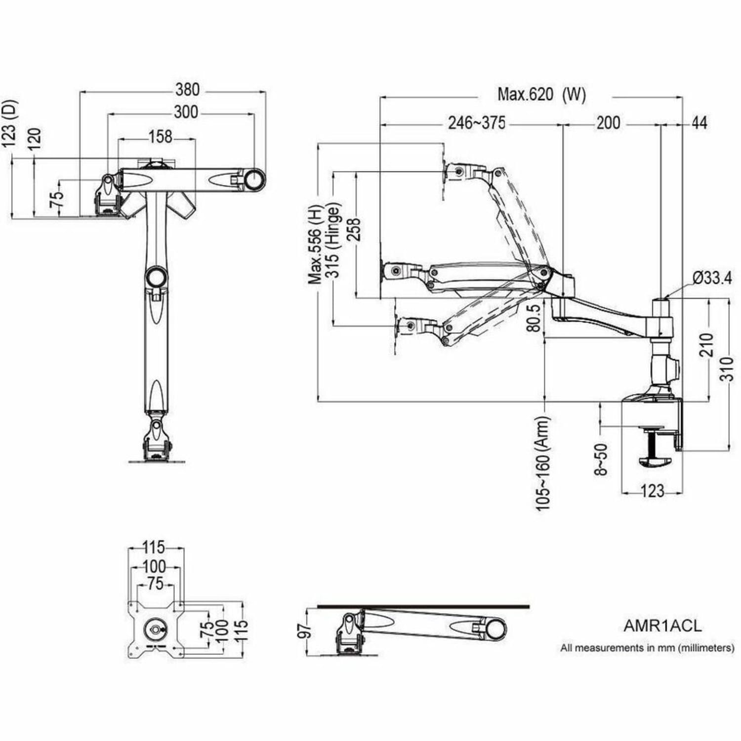Amer Mounts Long Articulating Monitor Arm with Clamp Base for 15in-26in LCD/LED Flat Screens - Supports up to 22lb monitors, +90/- 20 degree tilt and VESA 75/100 - Image 4