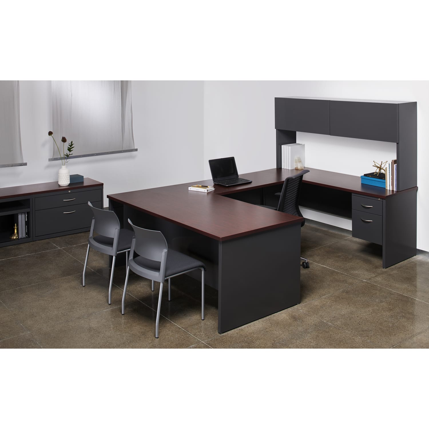 WorkPro Modular 72inW x 24inD Left-Pedestal Computer Desk, Charcoal/Mahogany - Image 4