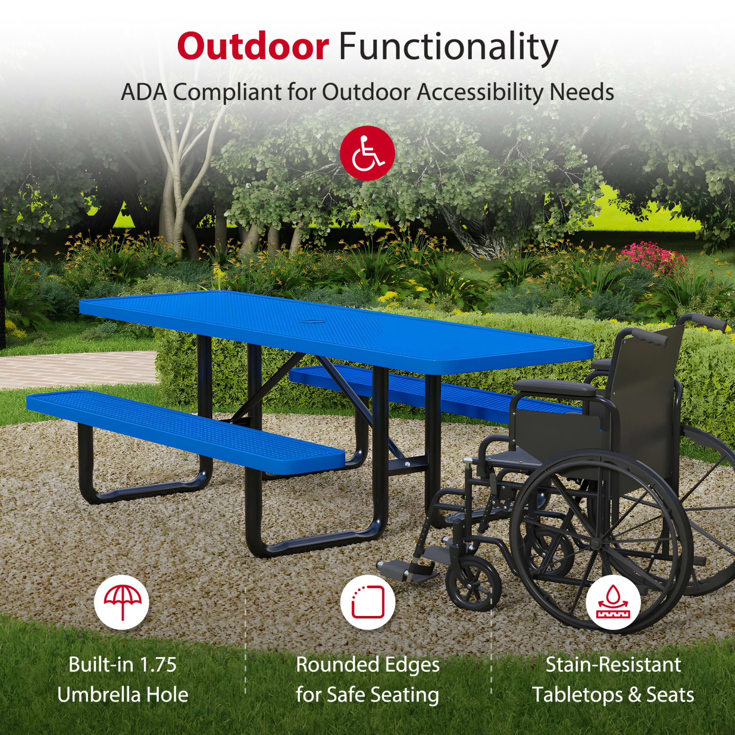 Leisure Craft Rectangle ADA Outdoor Picnic Table, 29-11/16inH x 96inW x 62inD, Black/Blue - Image 4