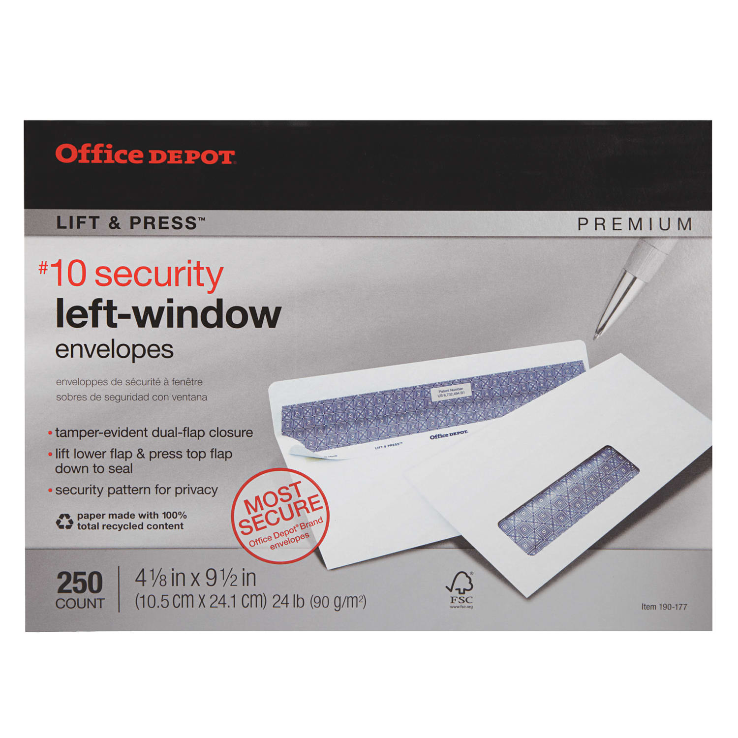 Office Depot Brand #10 Lift & Press Premium Security Envelopes, Left Window, Self Seal, 100% Recycled, White, Box Of 250 - Image 5