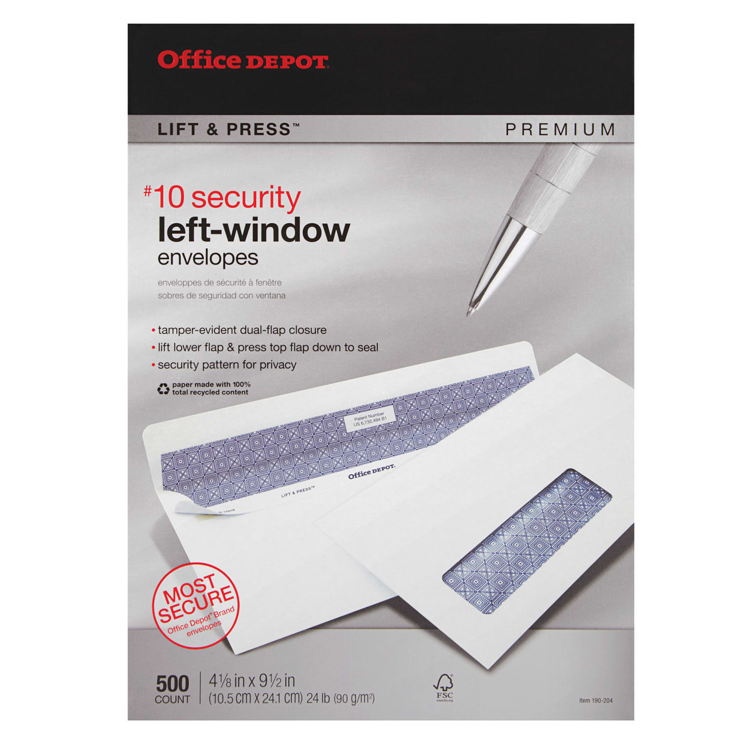 Office Depot Brand #10 Lift & Press Premium Security Envelopes, Left Window, Self Seal, 100% Recycled, White, Box Of 500 - Image 5