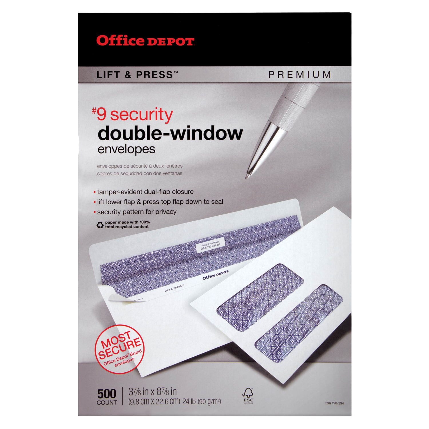 Office Depot Brand #9 Lift & Press Premium Security Envelopes, Double-Window, Self Seal, 100% Recycled, White, Box Of 500 - Image 5