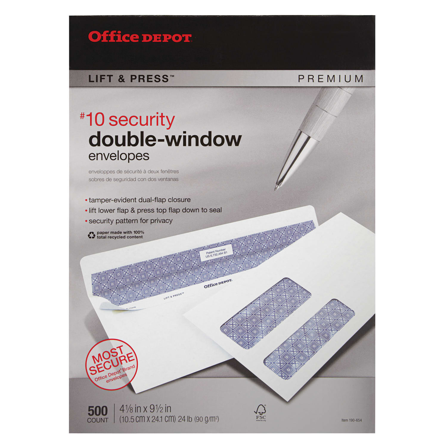 Office Depot Brand #10 Lift & Press Premium Security Envelopes, Double-Window, Self Seal, 100% Recycled, White, Box Of 500 - Image 5