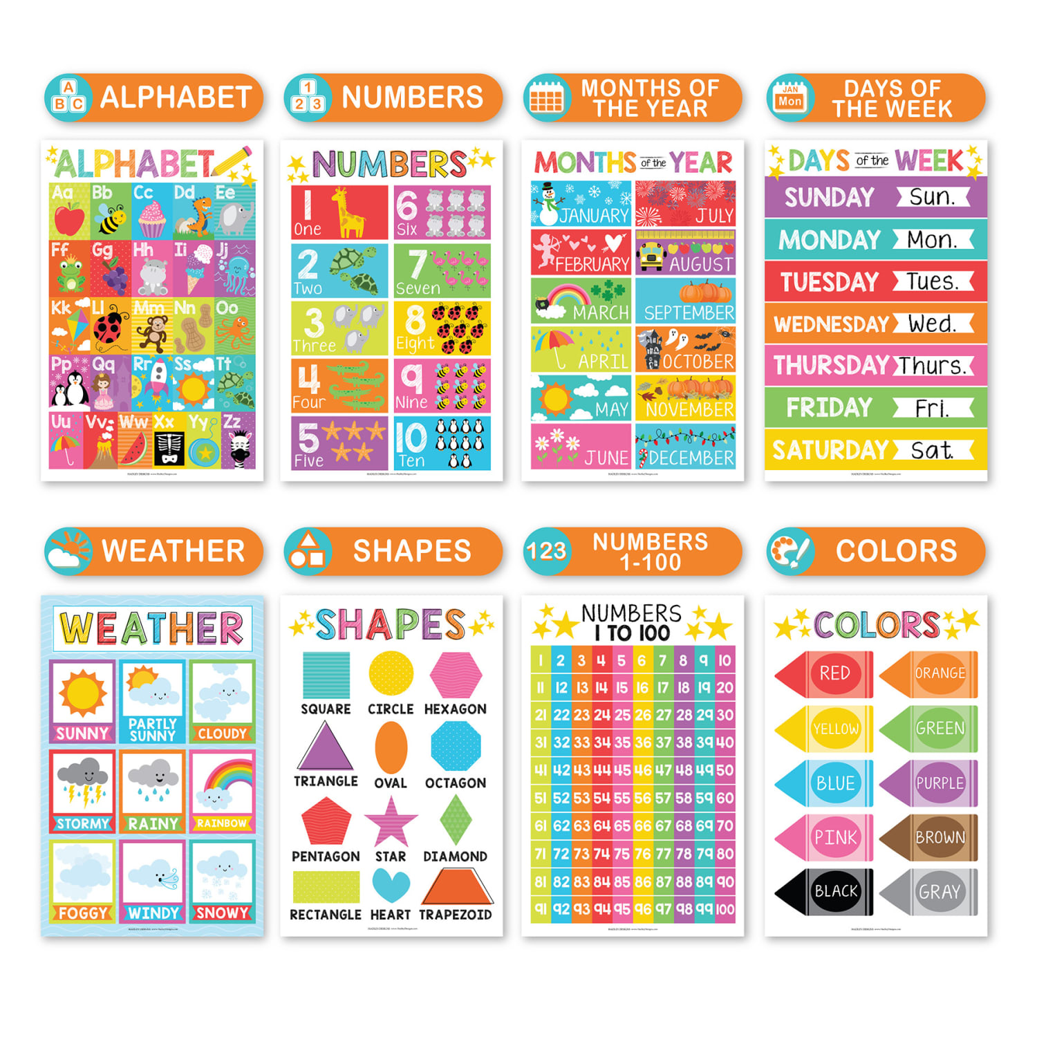 Hadley Designs Laminated Posters, Colorful Preschool Educational For Toddlers, Set Of 16 - Image 3