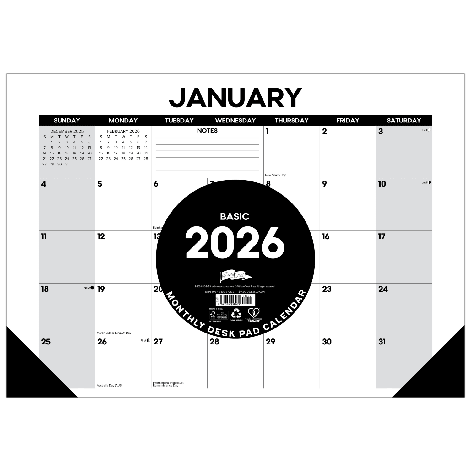 2026 Willow Creek Press Monthly Desk Pad Calendar, 12in x 17in, Basic, January To December, 57063