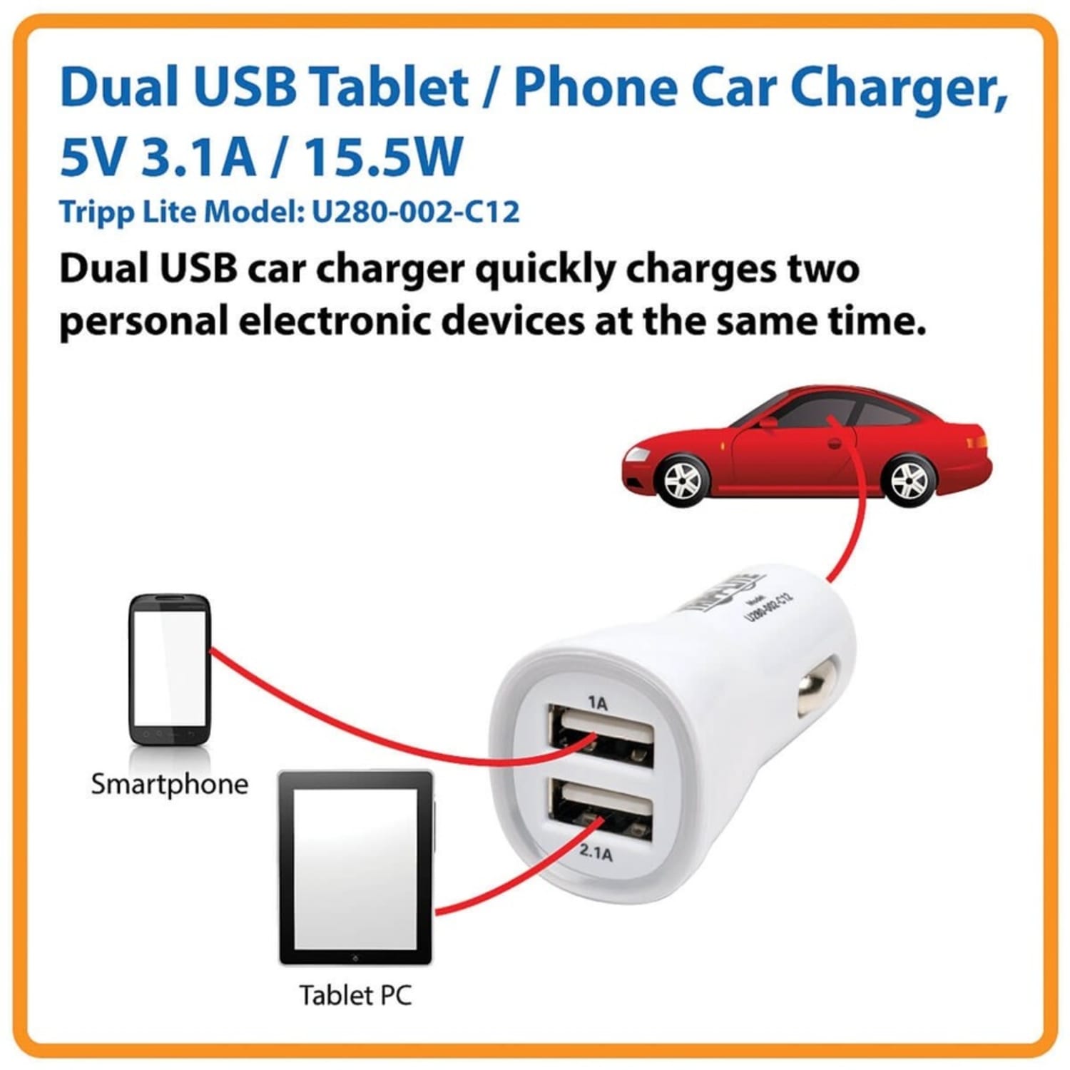 Eaton Tripp Lite Series Dual USB Tablet Phone Car Charger High Power Adapter 5V / 3.1A 15.5W - Car power adapter - 3.1 A - 2 output connectors (USB) - white - Image 5