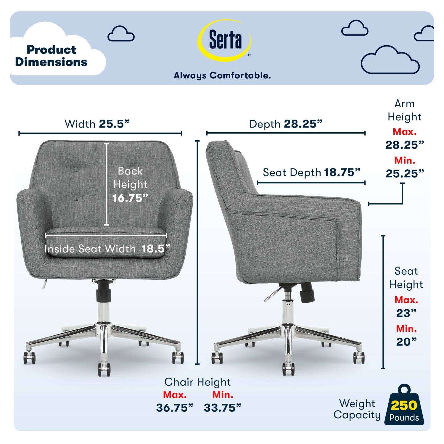 Serta® Ashland Mid Back Office Chair Winter River GrayChrome PopularChairscom