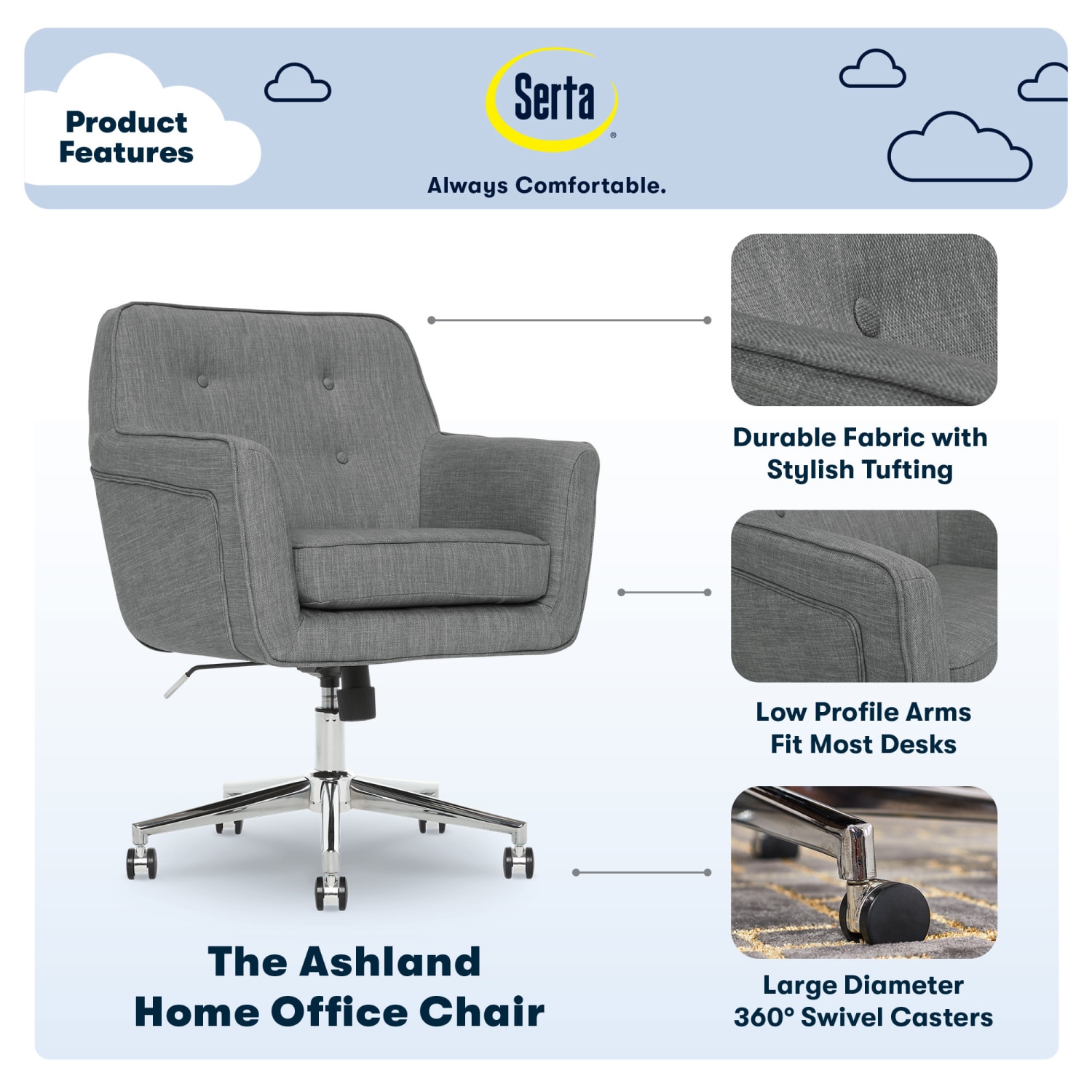 Serta® Ashland Mid Back Office Chair Winter River GrayChrome PopularChairscom