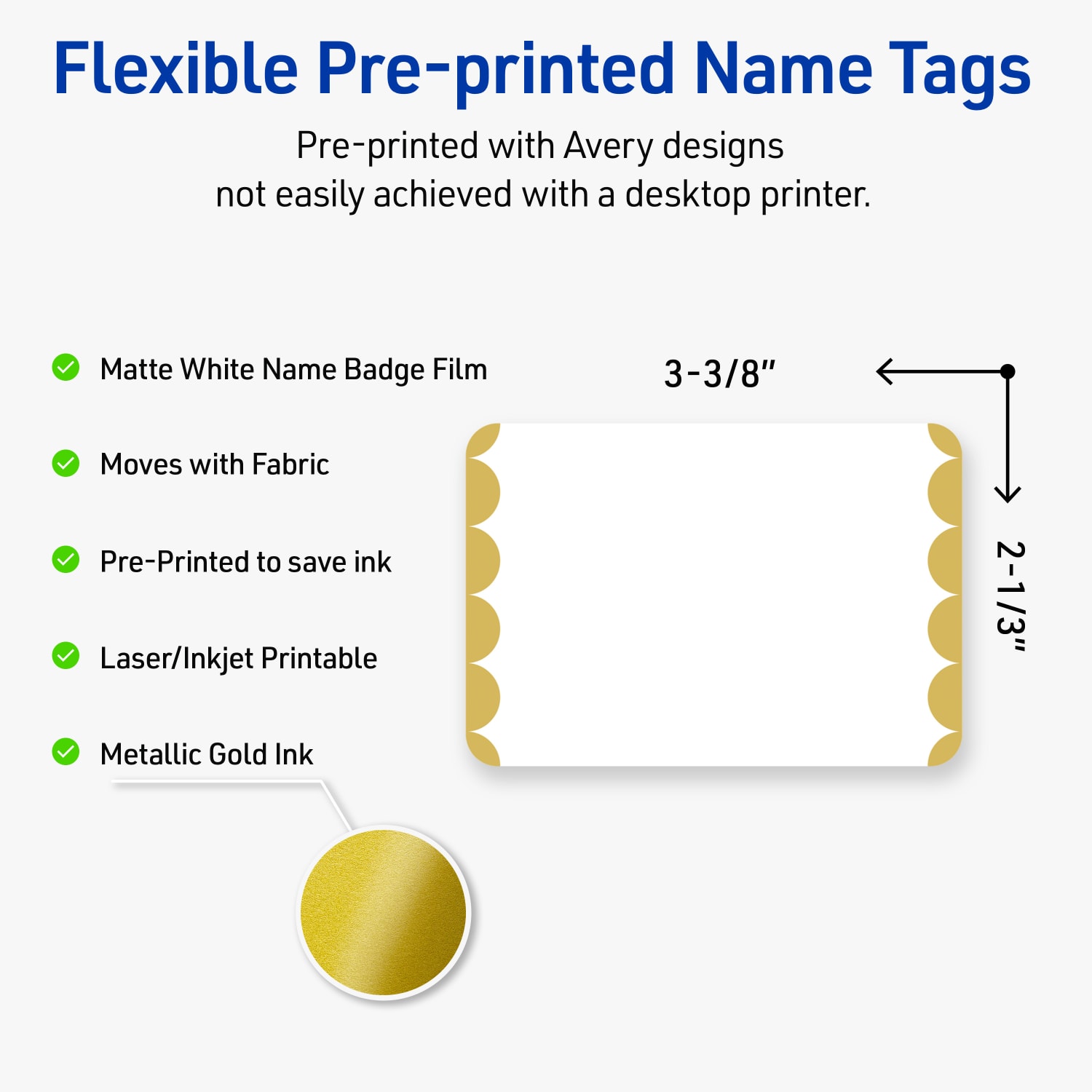 Avery Printable Adhesive Name Badges With Preprinted Designs, Rectangle, S00-EY3, 2-1/3in x 3-3/8in, Matte White With Gold Dots Edge Design, Pack Of 80 - Image 4