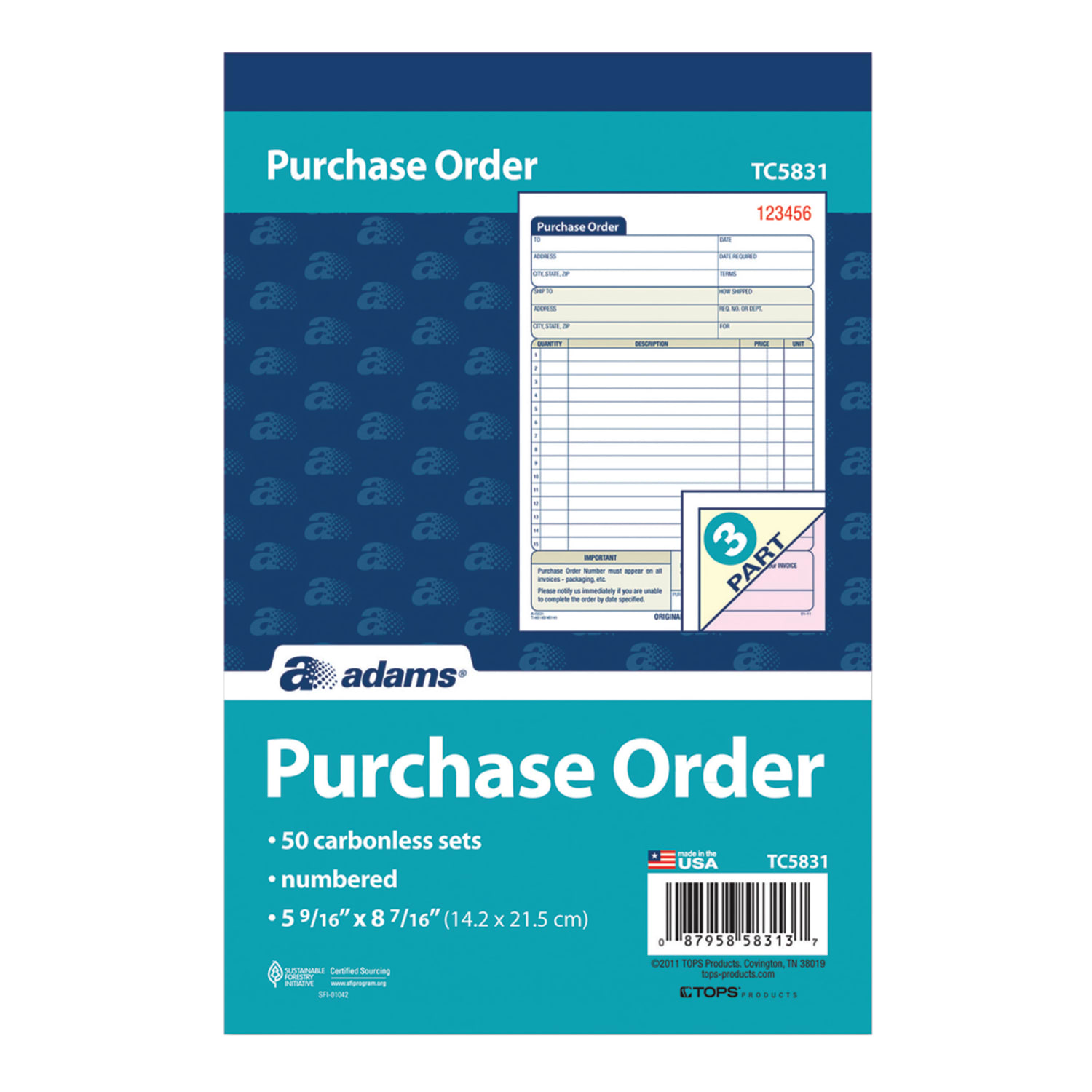 Adams Carbonless Purchase Order Book, 5 9/16in x 8 7/16in, 3-Part, 50 Set Pad - Image 3