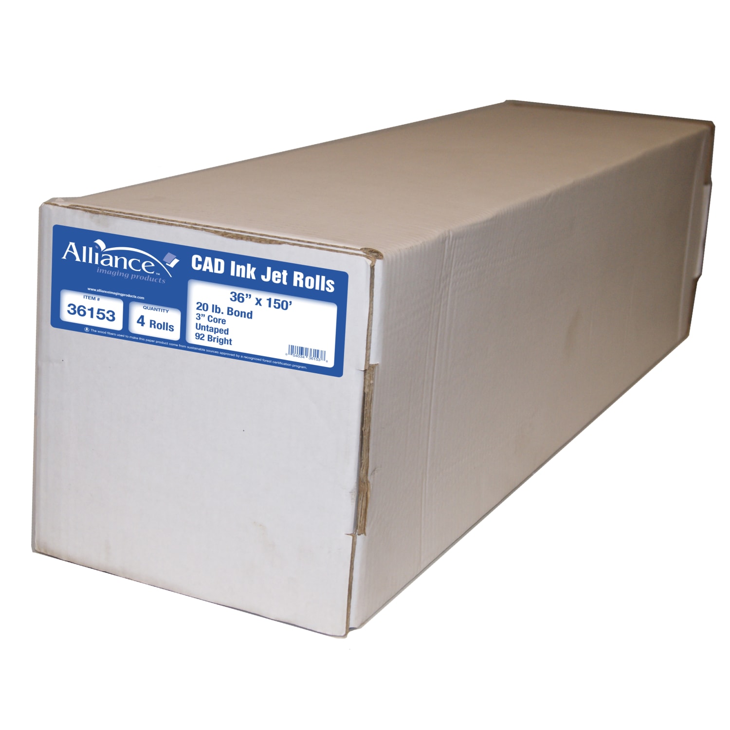 Alliance CAD Bond Paper, 3in Core, 36in x 150ft, 92 Brightness, 20 Lb, White, Pack Of 4 Rolls