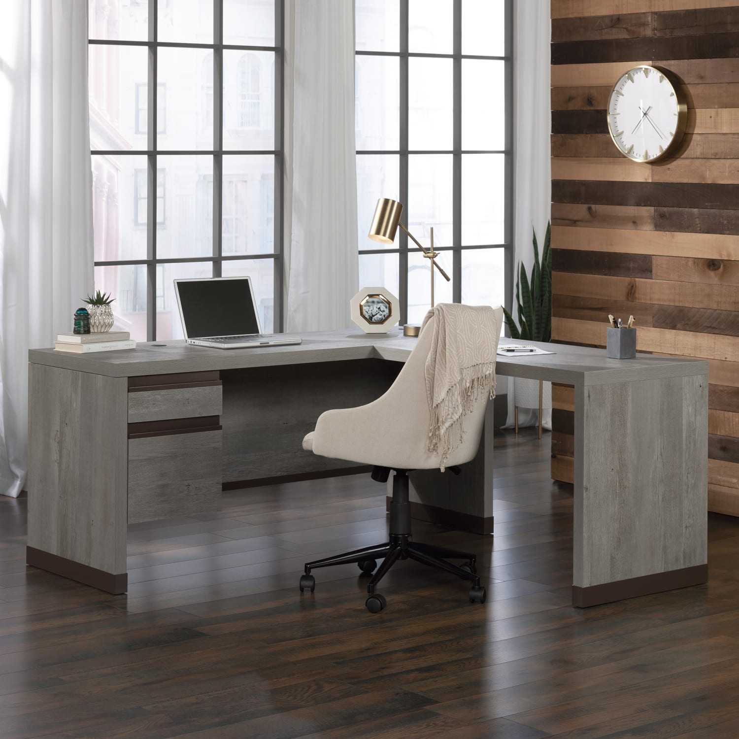 Sauder Manhattan Gate 66inW Modern L-Shaped Computer Desk, Mystic Oak - Image 4