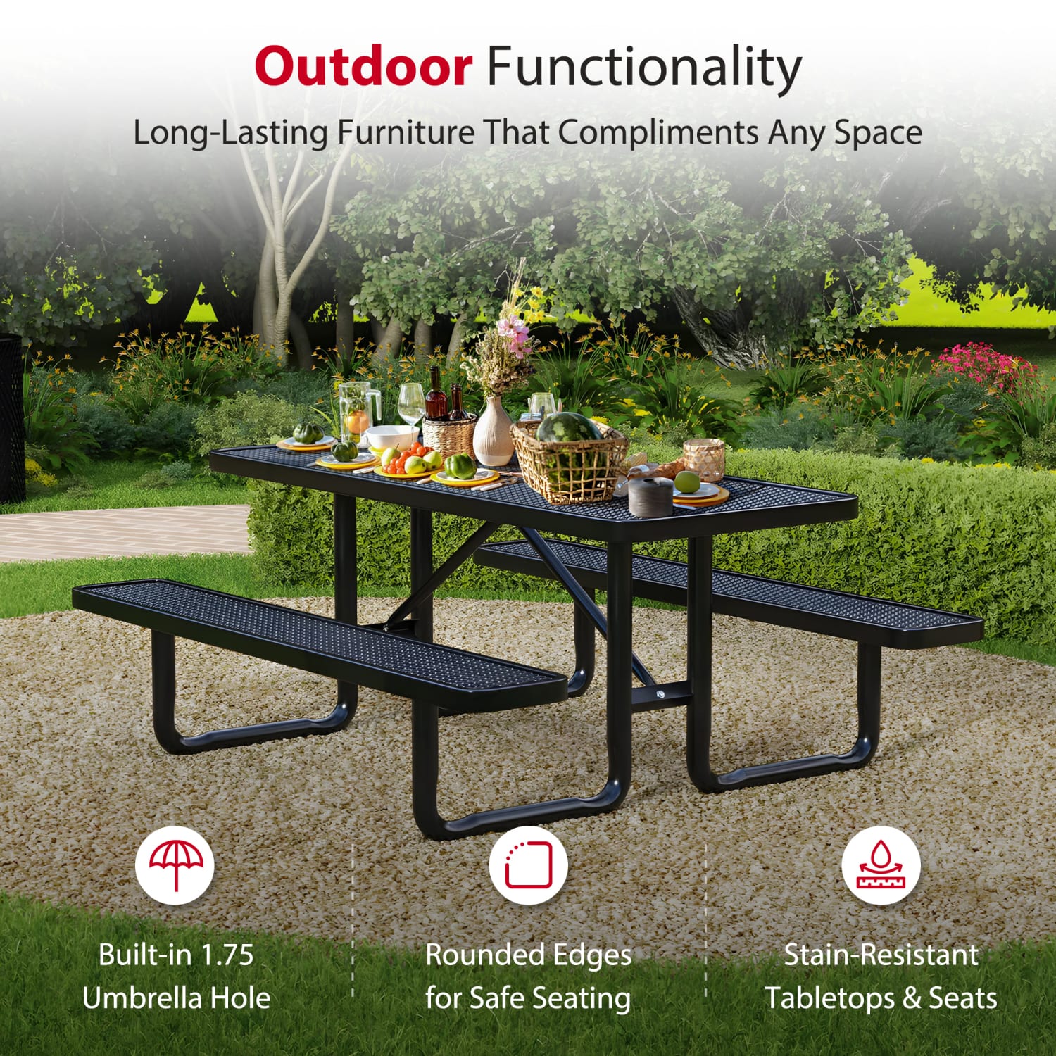 Leisure Craft Rectangle Outdoor Picnic Table, 29-11/16inH x 72inW x 62inD, Black - Image 4