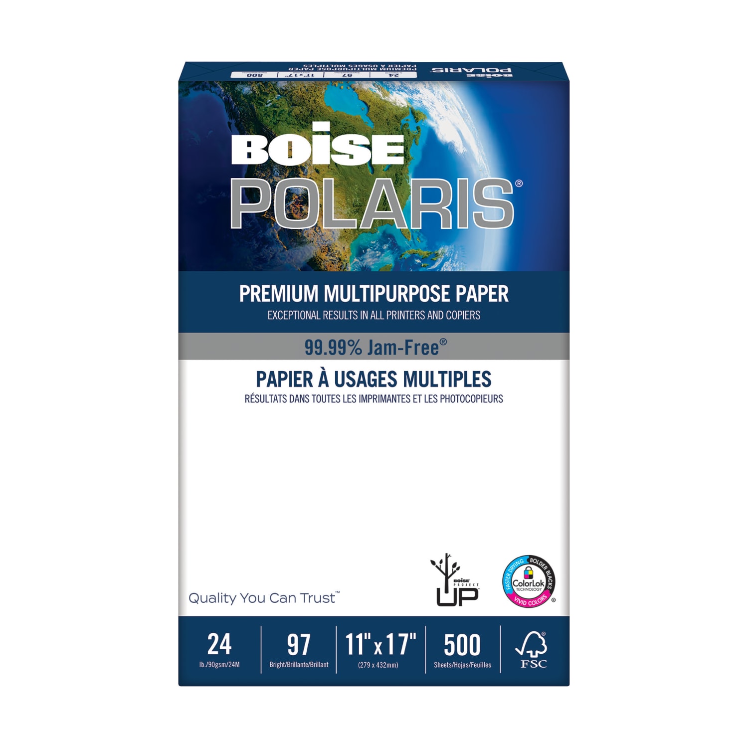 Boise POLARIS Premium Multi-Use Printer & Copy Paper, 1 Ream, White, Ledger (11in x 17in), 500 Sheets Per Ream, 24 Lb, 92 Brightness, FSC Certified