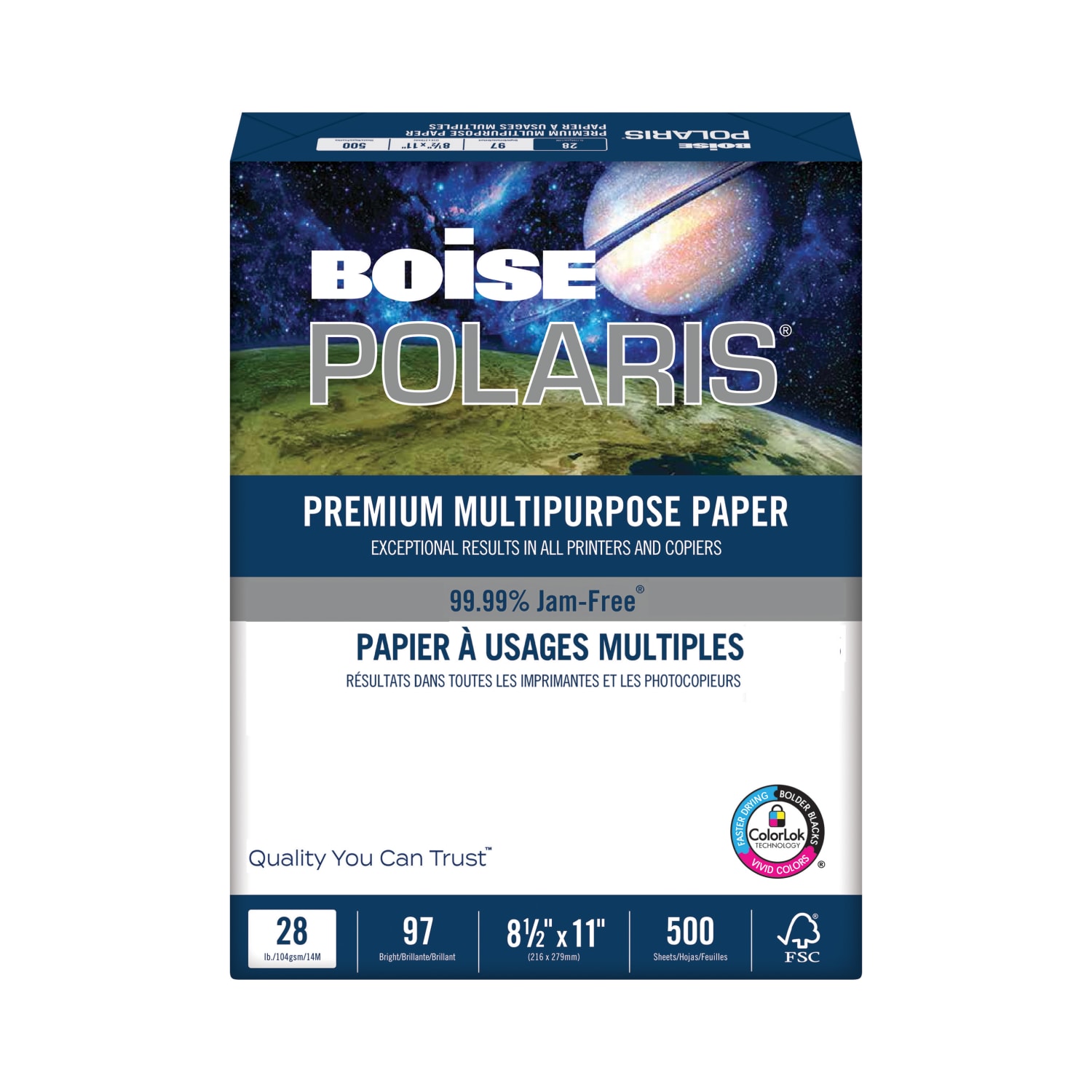 Boise POLARIS Premium Multi-Use Printer & Copy Paper, 1 Ream, White, Letter (8.5in x 11in), 500 Sheets Per Ream, 28 Lb, 92 Brightness, FSC Certified