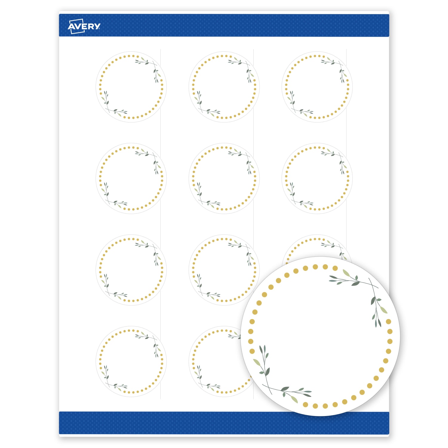 Avery Print-To-The-Edge Labels & Sure Feed, S00-D2T-PRWMP10, 2in Round, Matte White, Preprinted Green Floral & Gold Dots Design, Pack Of 120 - Image 3