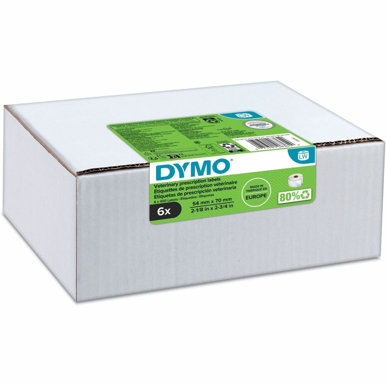 Dymo LabelWriter Veterinary Labels, 2187328, Rectangle, 2-3/4in x 2-1/8in, White, 400 Labels Per Roll, Box Of 6 Rolls