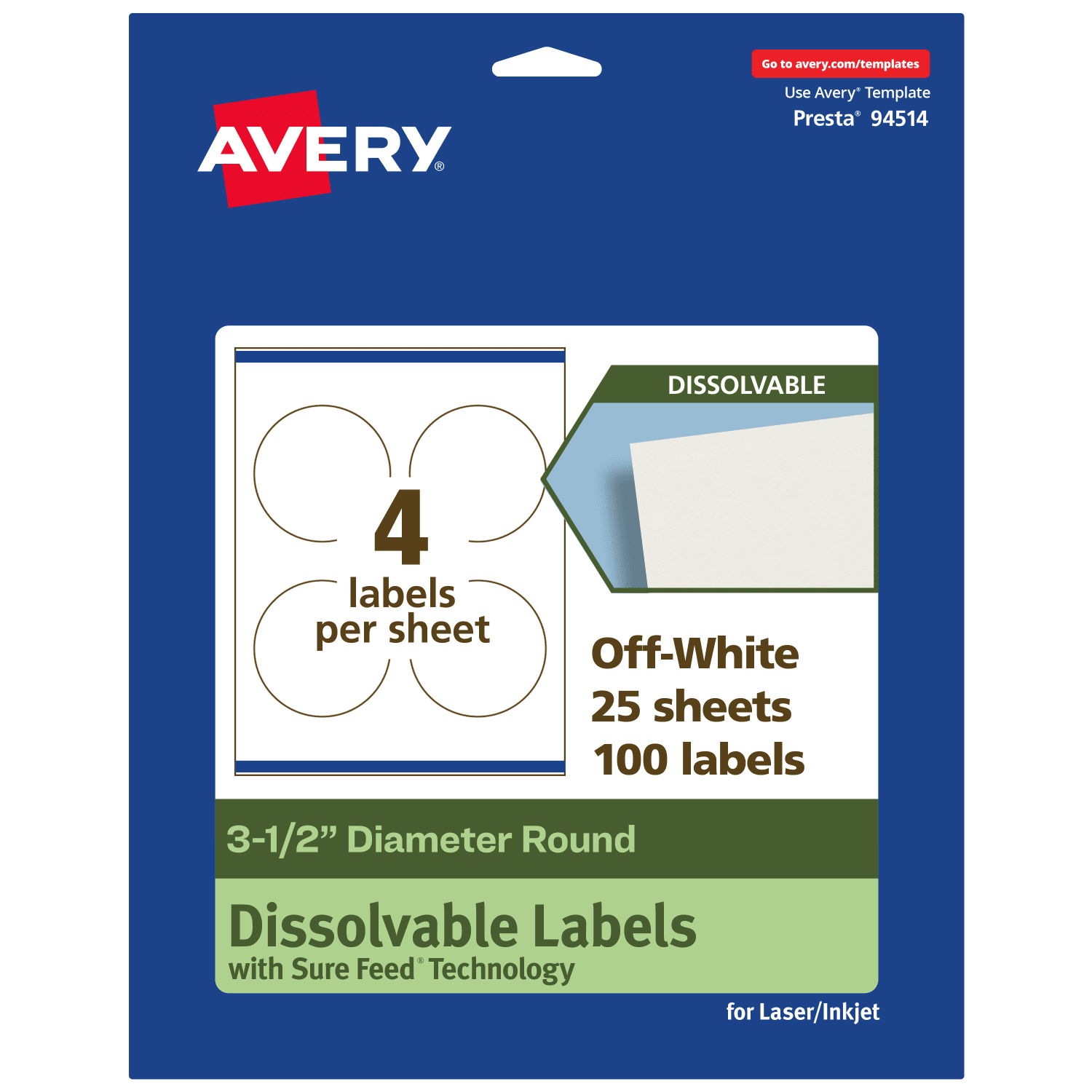 Avery Print-to-the-Edge Dissolvable Labels With Sure Feed Technology, 94514-DWMP25, Round, 3-1/2in, Matte Off-White, Pack Of 100