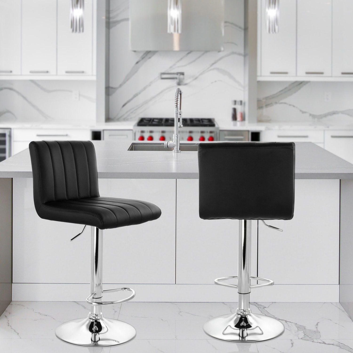 Elama Tufted Faux Leather Adjustable Bar Stools, Black/Chrome, Set Of 2 Stools - Image 11