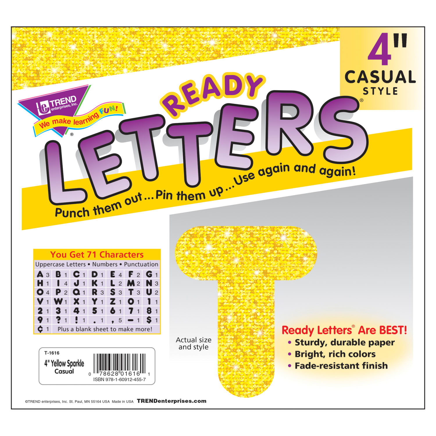 TREND Ready Letters, 4in, Casual Uppercase, Yellow Sparkle, Set Of 3 Packs - Image 4
