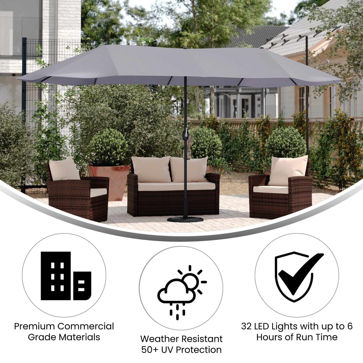 Flash Furniture Elizabeth Commercial Grade 15 FT Triple Head Patio Umbrella with Crank and Easy Lift Functionality, Gray - Image 4