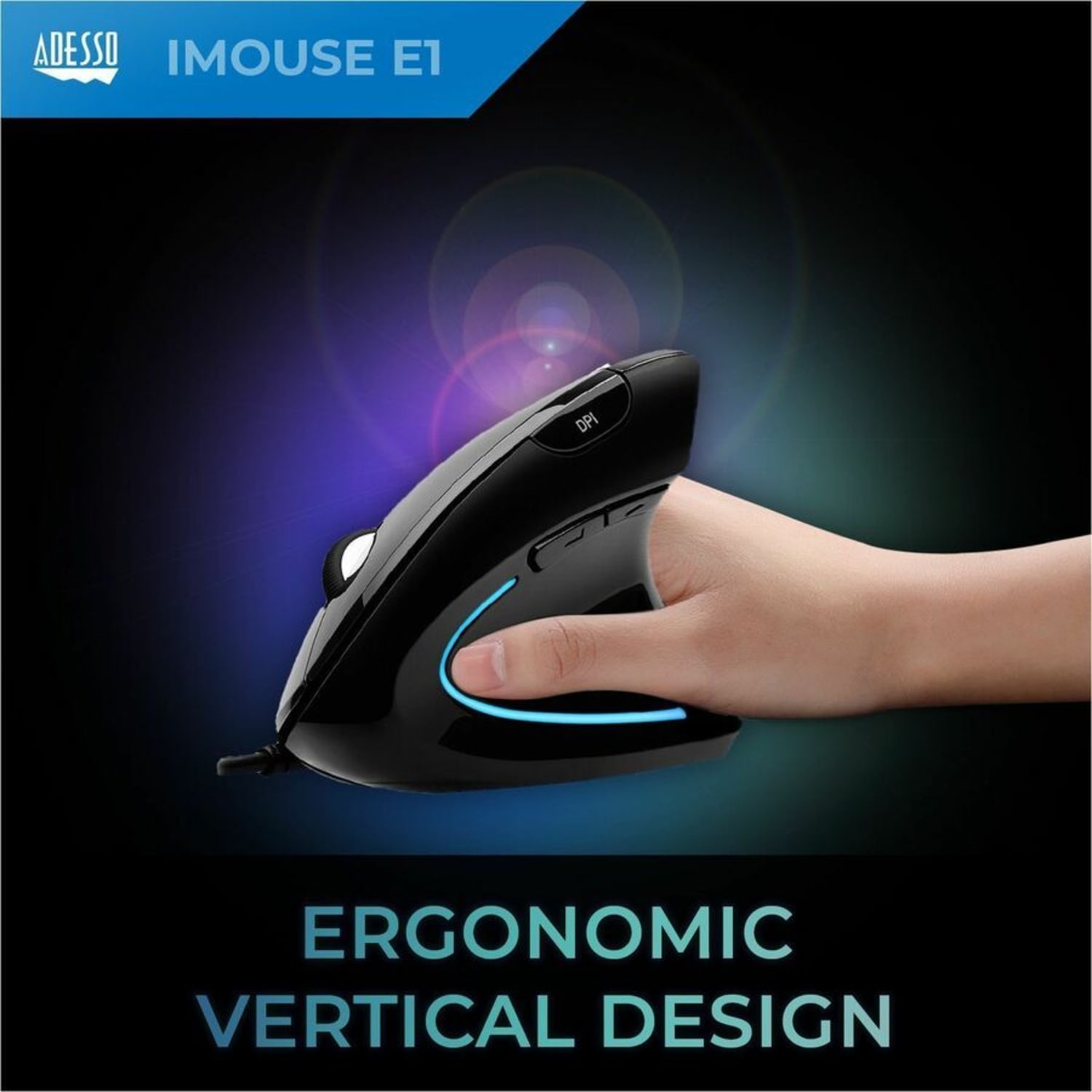 Adesso iMouse E1 USB Illuminated Vertical Ergonomic  Optical Mouse, Glossy Black - Image 4