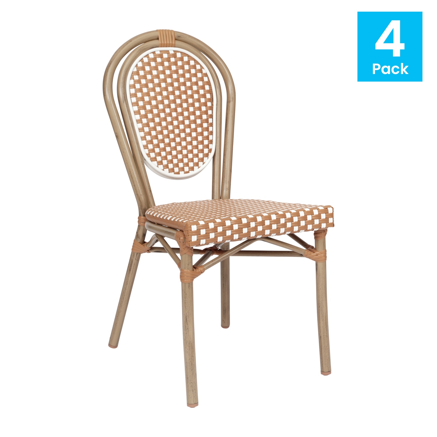 Flash Furniture 4 Pack Lourdes Indoor/Outdoor Commercial Thonet Bistro Stacking Chair, PE Rattan and Aluminum Frame, Natural & White/Light Natural Frame - Image 3