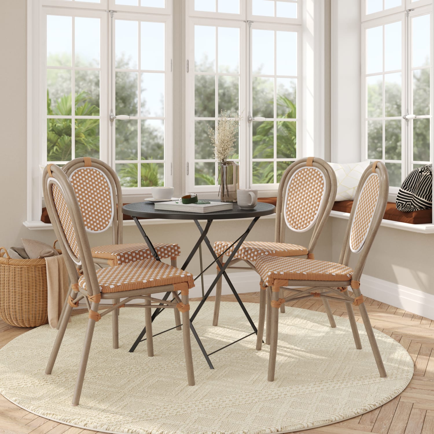 Flash Furniture 4 Pack Lourdes Indoor/Outdoor Commercial Thonet Bistro Stacking Chair, PE Rattan and Aluminum Frame, Natural & White/Light Natural Frame - Image 4