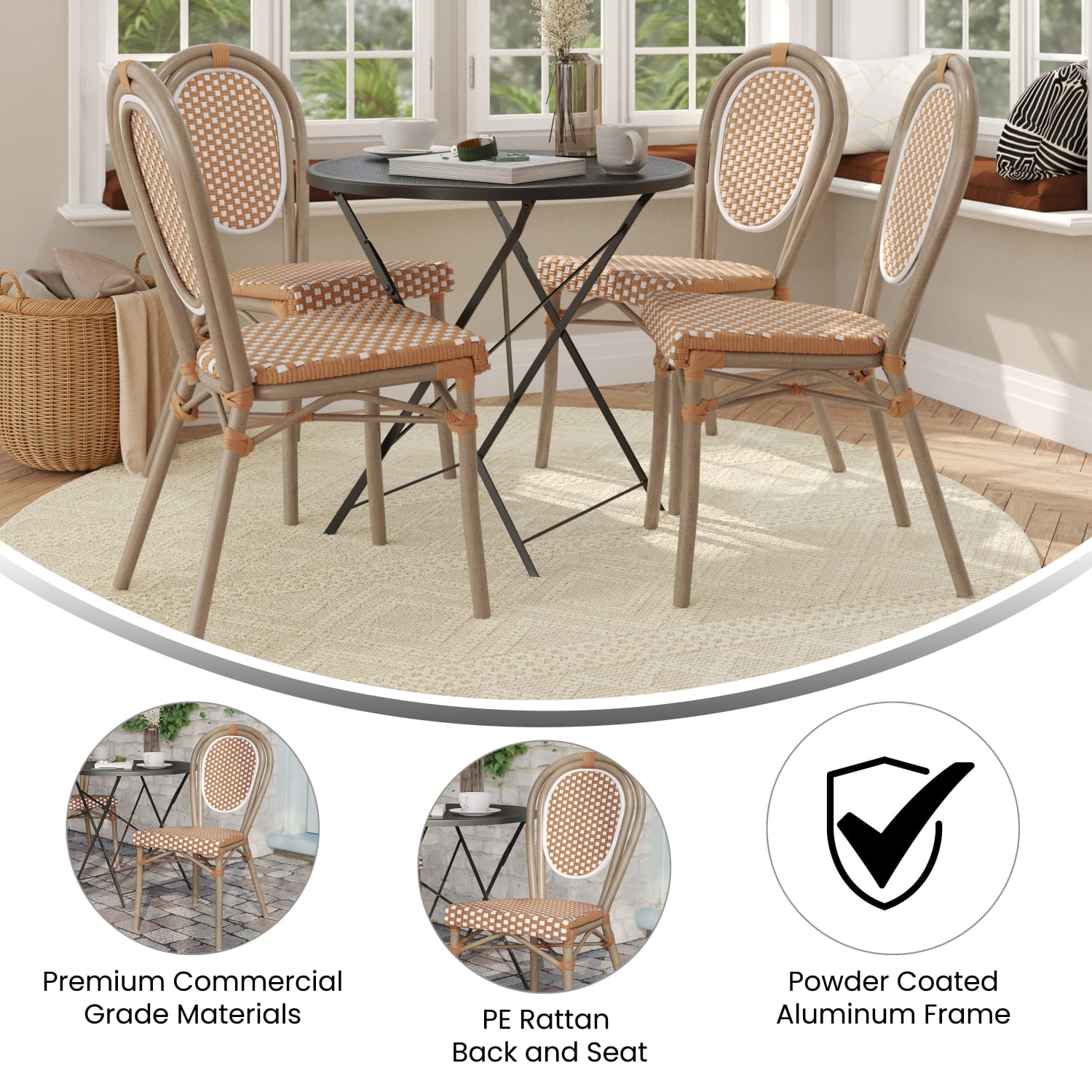 Flash Furniture 4 Pack Lourdes Indoor/Outdoor Commercial Thonet Bistro Stacking Chair, PE Rattan and Aluminum Frame, Natural & White/Light Natural Frame - Image 5