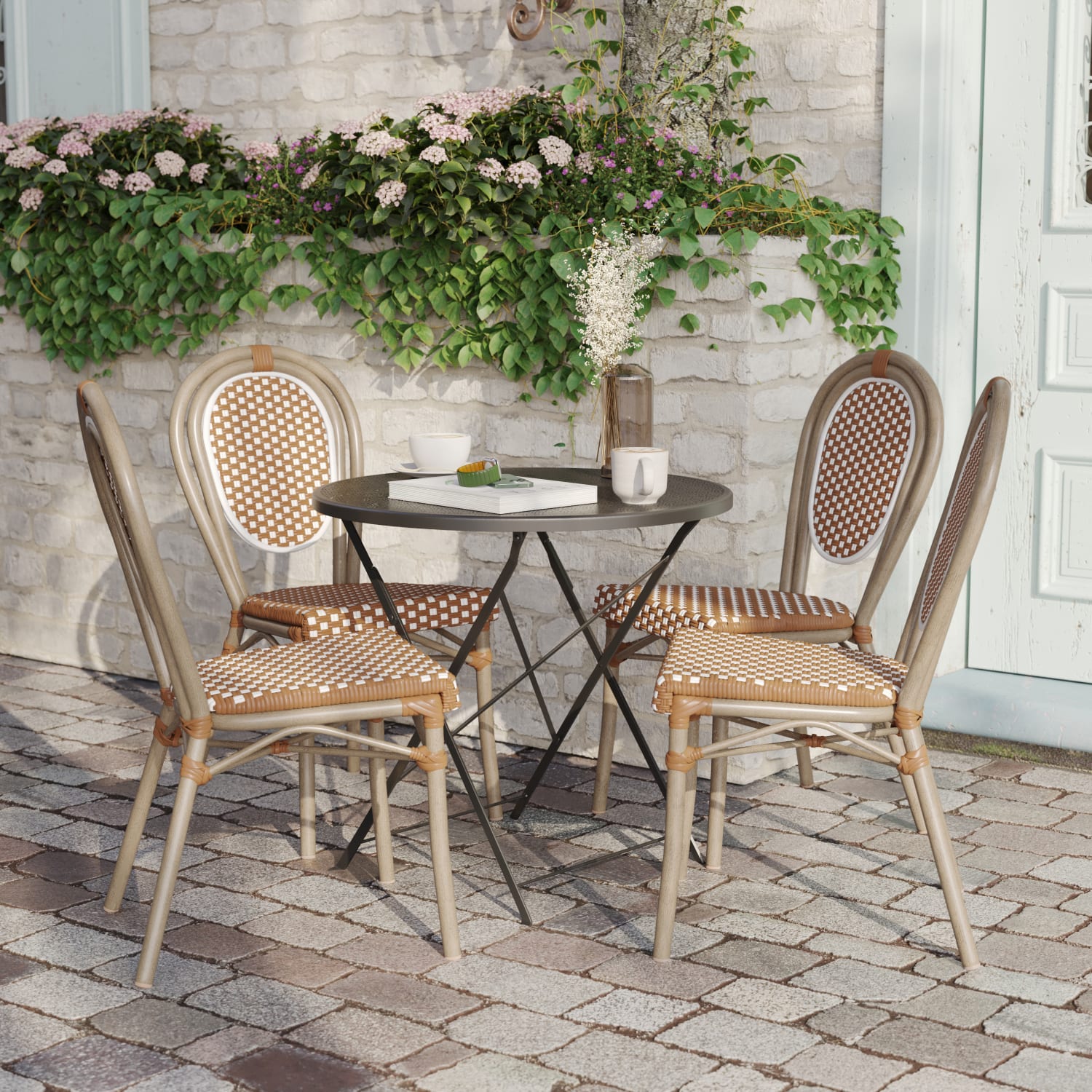 Flash Furniture 4 Pack Lourdes Indoor/Outdoor Commercial Thonet Bistro Stacking Chair, PE Rattan and Aluminum Frame, Natural & White/Light Natural Frame - Image 6