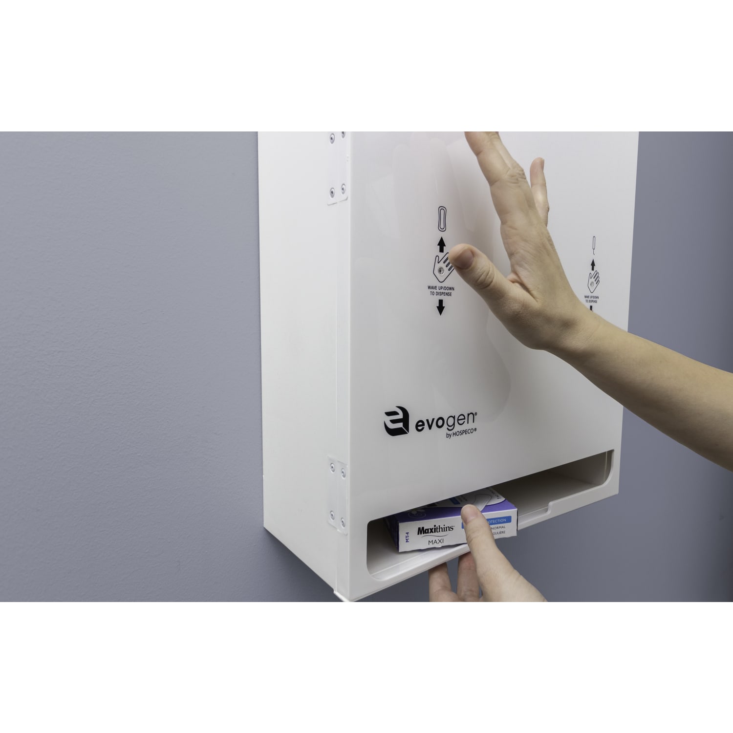 Hospeco EvoGen EVNT3 No-Touch Metal Dual Pad/Tampon  Dispenser, 29in x 8-1/4in, Stainless Steel - Image 5