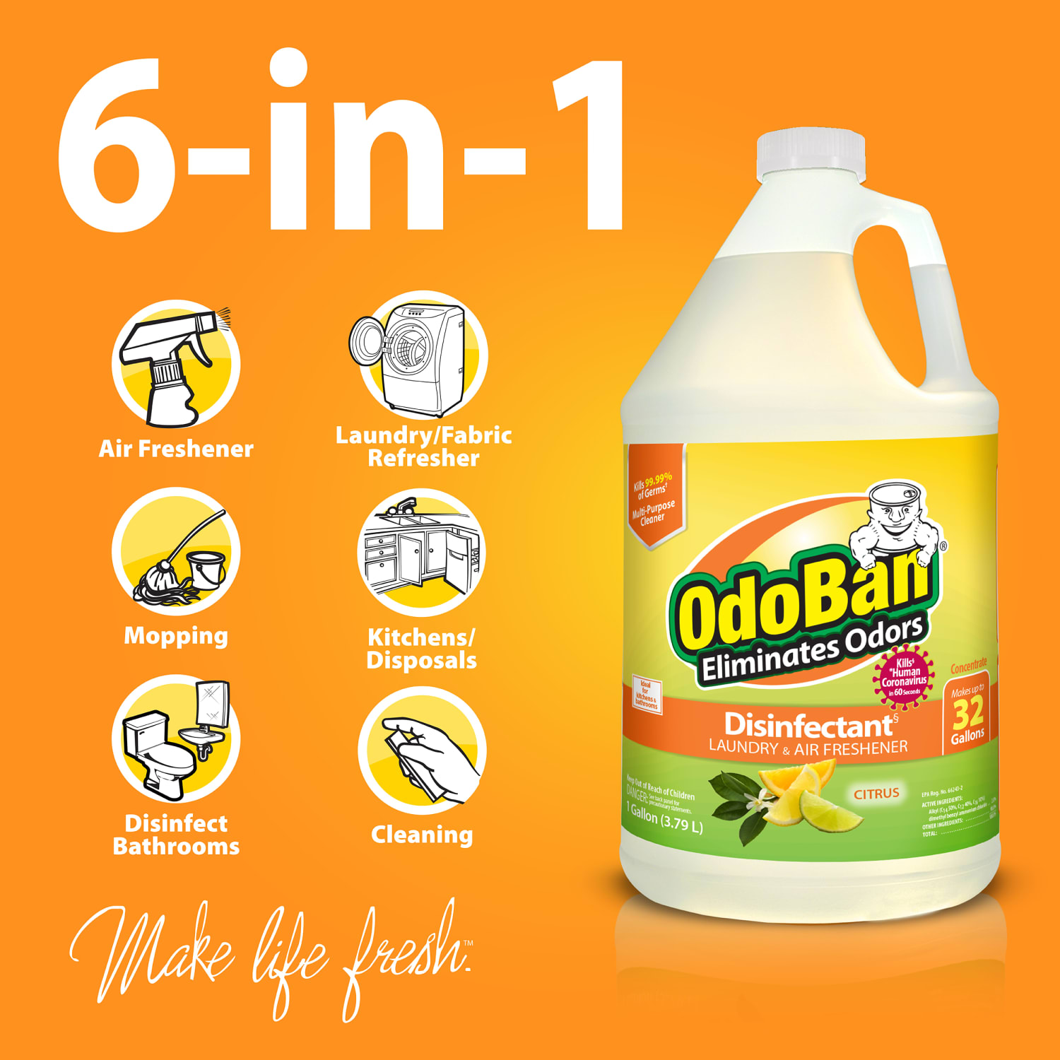 OdoBan Ready-To-Use Disinfectant And Odor Eliminator, 32 Oz Spray/1 Gallon Concentrate, Citrus Scent - Image 6