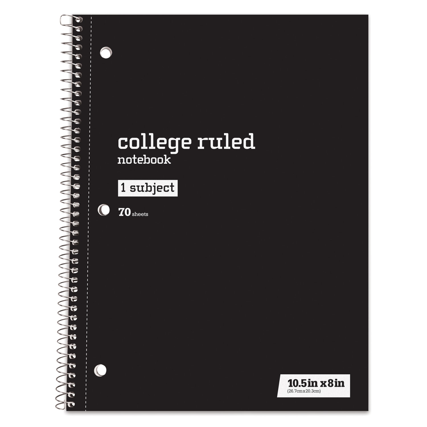 Just Basics Spiral Notebook, 8in x 10-1/2in, College Ruled, 70 Sheets, Black