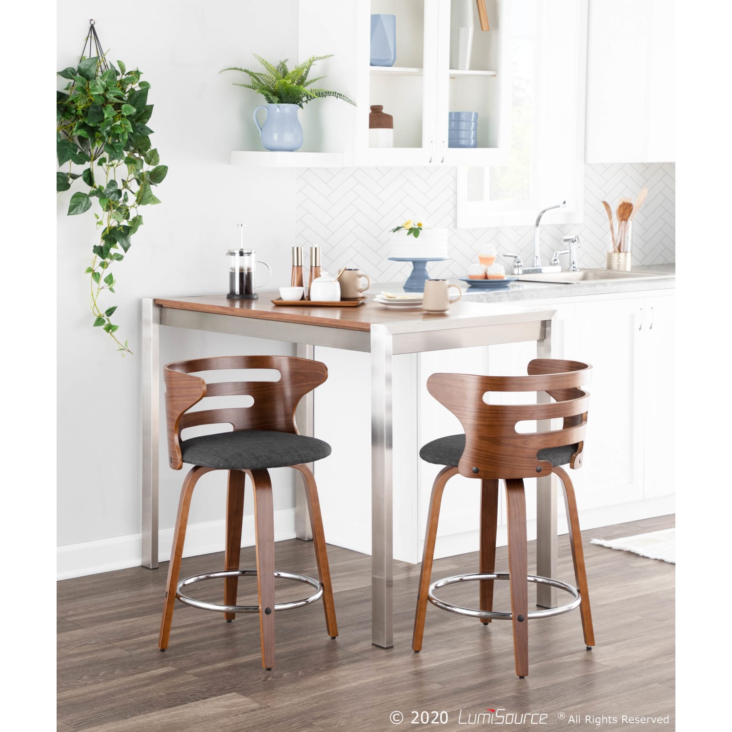LumiSource Cosini Counter Stools, Charcoal Seat/Walnut Frame, Set Of 2 Stools - Image 8