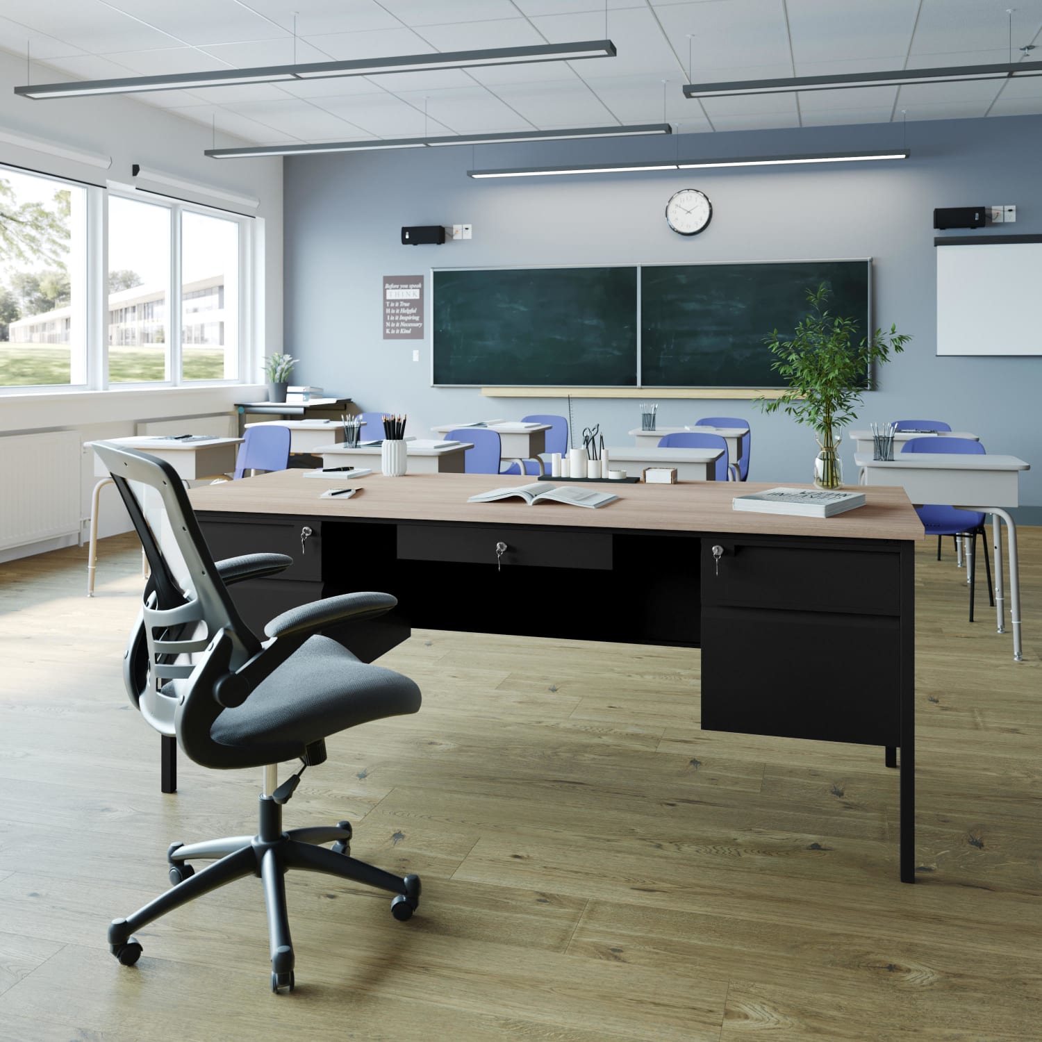 Flash Furniture Cambridge Commercial Grade Double Pedestal 70inW x 30inD Desk with Locking Drawers and Metal Frame, White Oak - Image 3