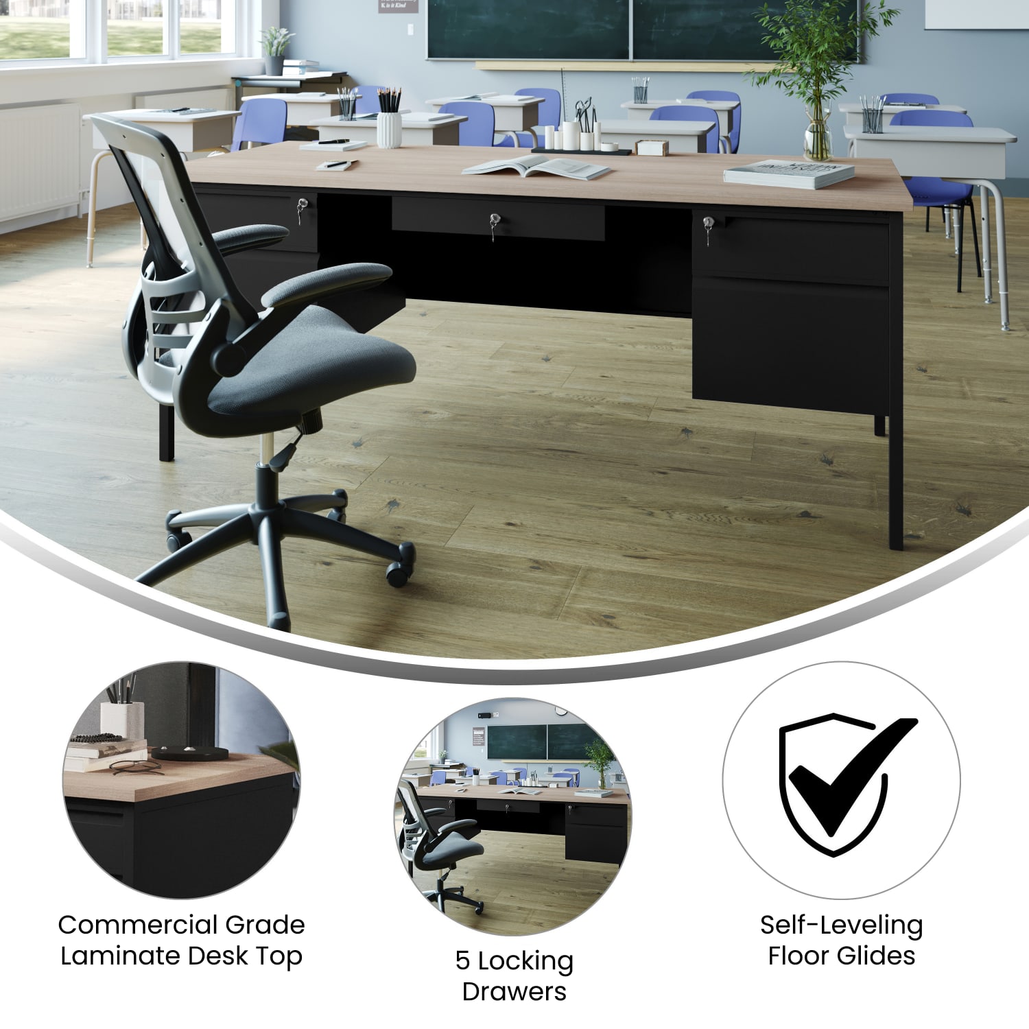 Flash Furniture Cambridge Commercial Grade Double Pedestal 70inW x 30inD Desk with Locking Drawers and Metal Frame, White Oak - Image 4