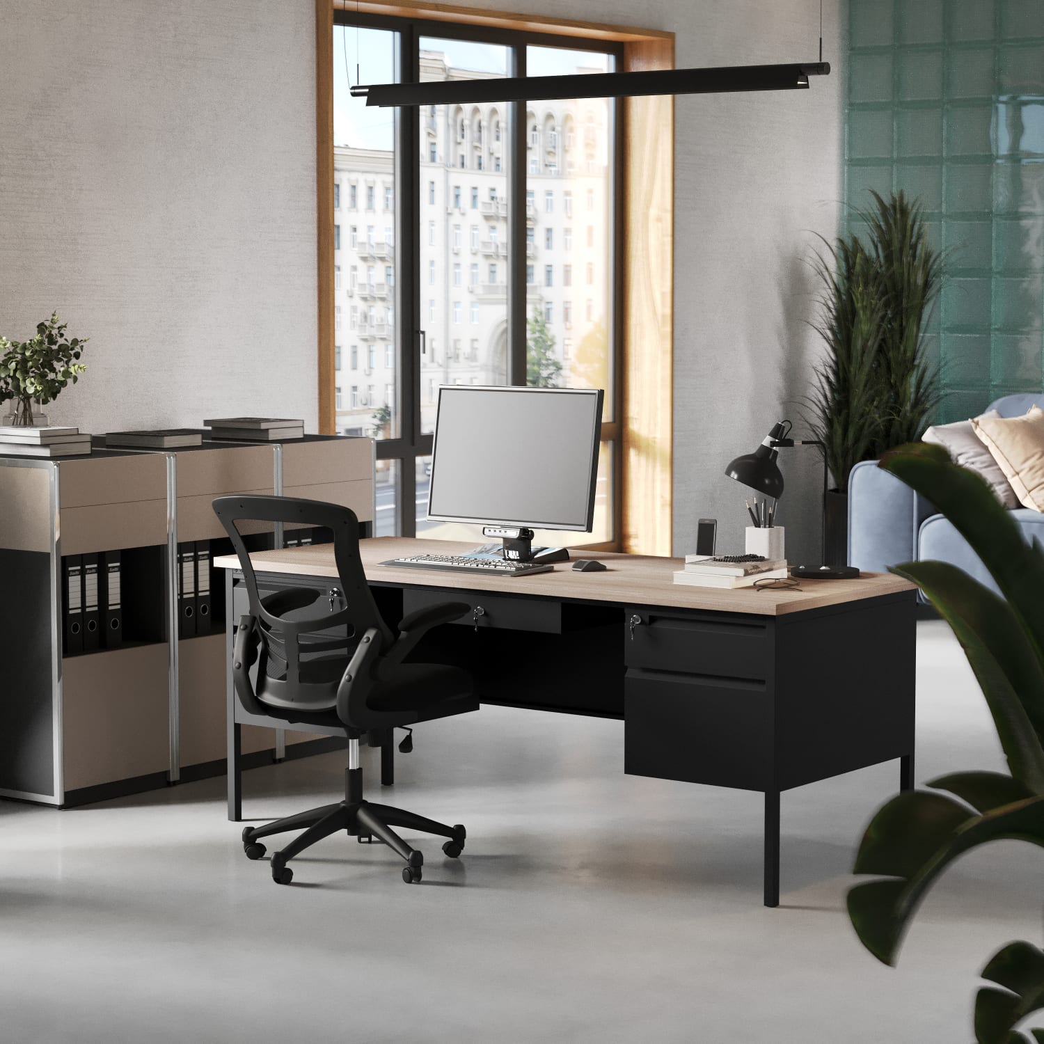 Flash Furniture Cambridge Commercial Grade Double Pedestal 70inW x 30inD Desk with Locking Drawers and Metal Frame, White Oak - Image 5
