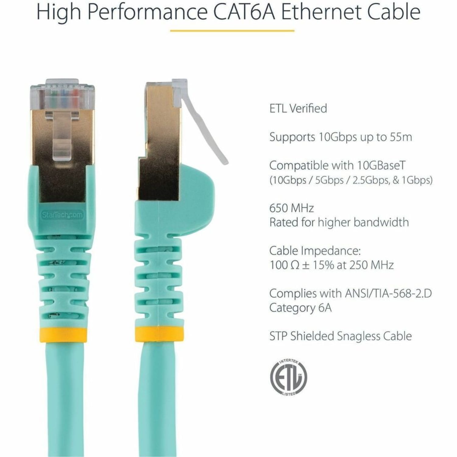 StarTech.com 20 ft CAT6a Ethernet Cable - 10 Gigabit Category 6a Shielded Snagless RJ45 100W PoE Patch Cord - 10GbE Aqua UL/TIA Certified - Image 3