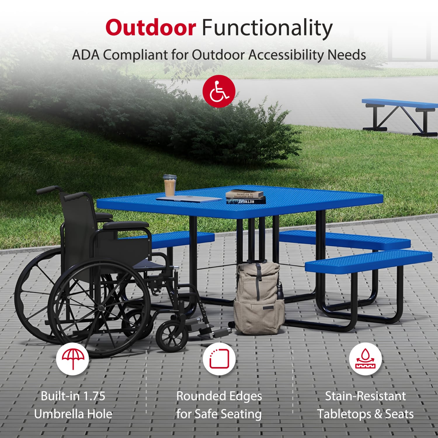 Leisure Craft Square ADA Outdoor Picnic Table, 29-1/4inH x 75inW x 80inD, Black/Blue - Image 4