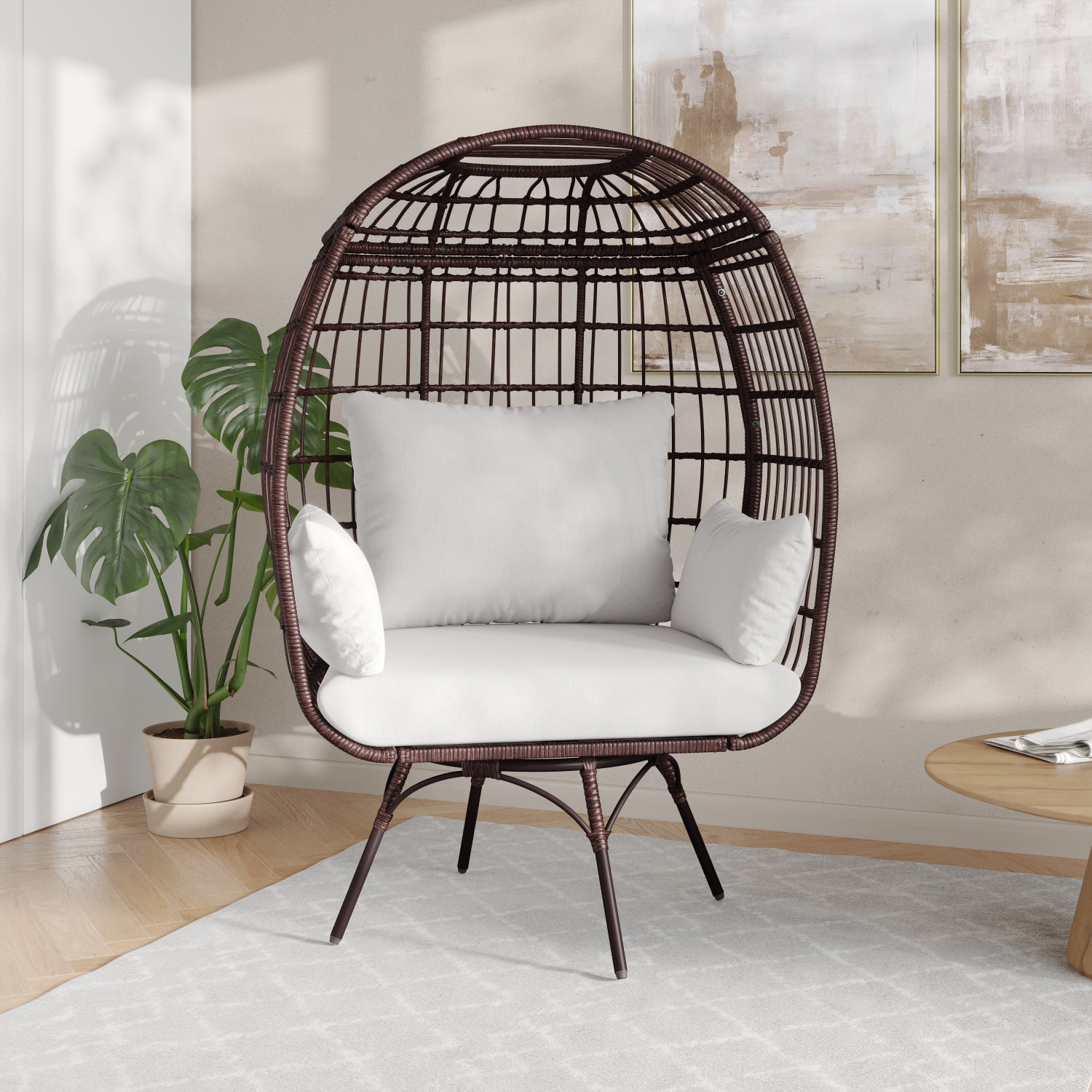 Flash Furniture Zola Commercial Indoor/Outdoor Oversized Wicker Egg Swivel Lounge Chair with 4 Cushions  - SBC335BRCR - Image 3
