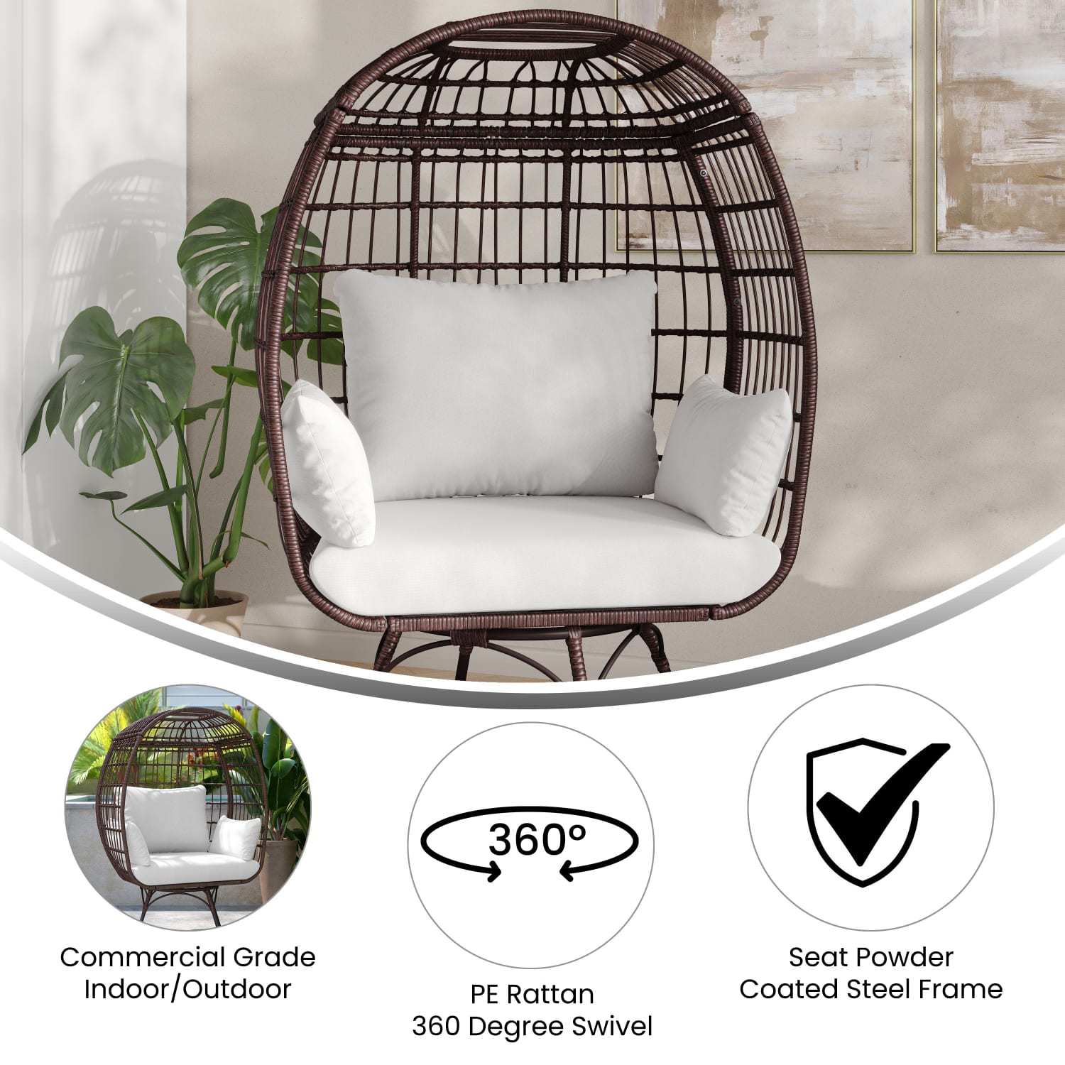 Flash Furniture Zola Commercial Indoor/Outdoor Oversized Wicker Egg Swivel Lounge Chair with 4 Cushions  - SBC335BRCR - Image 4