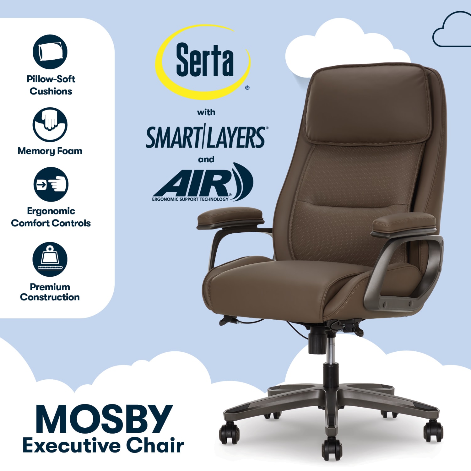 Serta SmartLayers Mosby Ergonomic Vegan Leather High-Back Executive Office Chair, Brown - Image 3