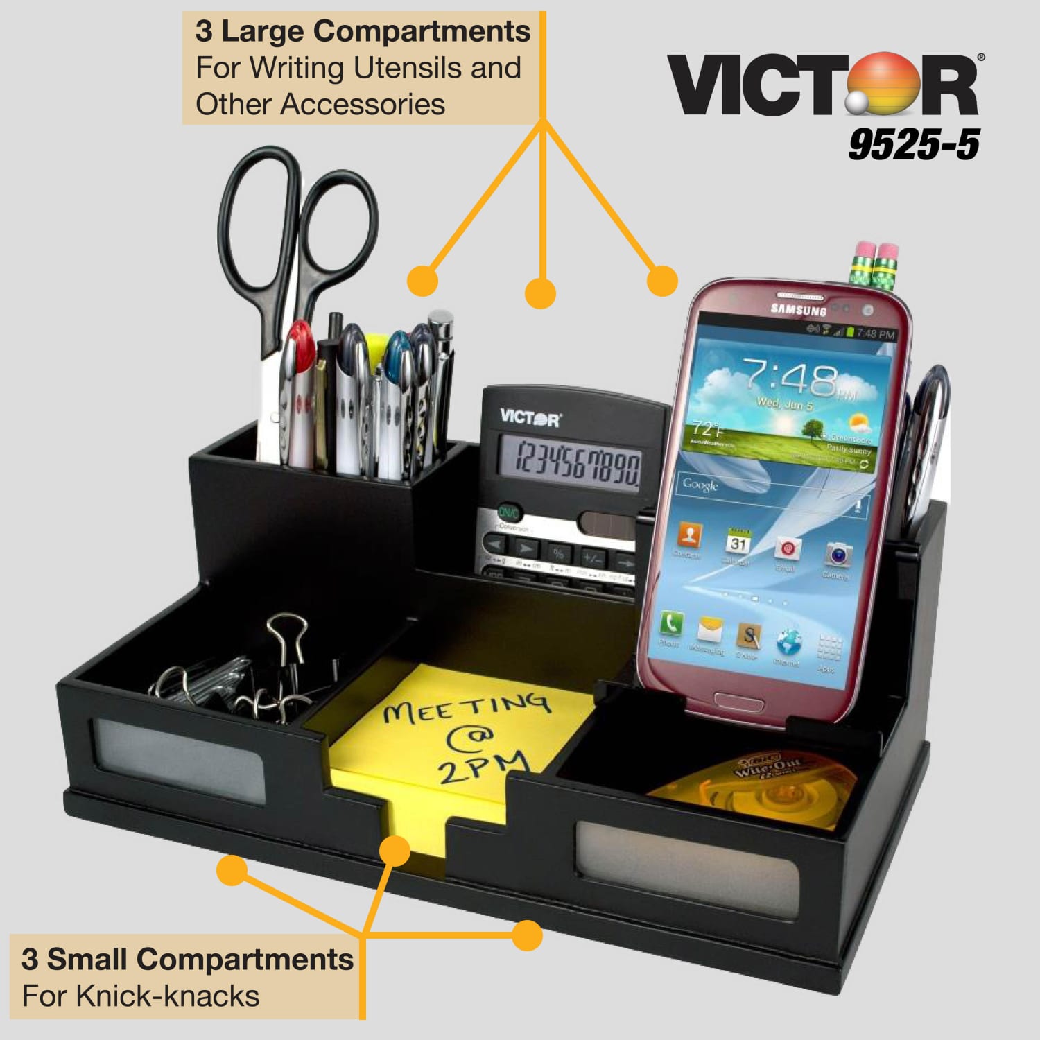 Victor Midnight Black Collection Desk Organizer With Smartphone Holder, 5 1/2inH x 10 1/2inW x 3 1/2inD, Black - Image 4