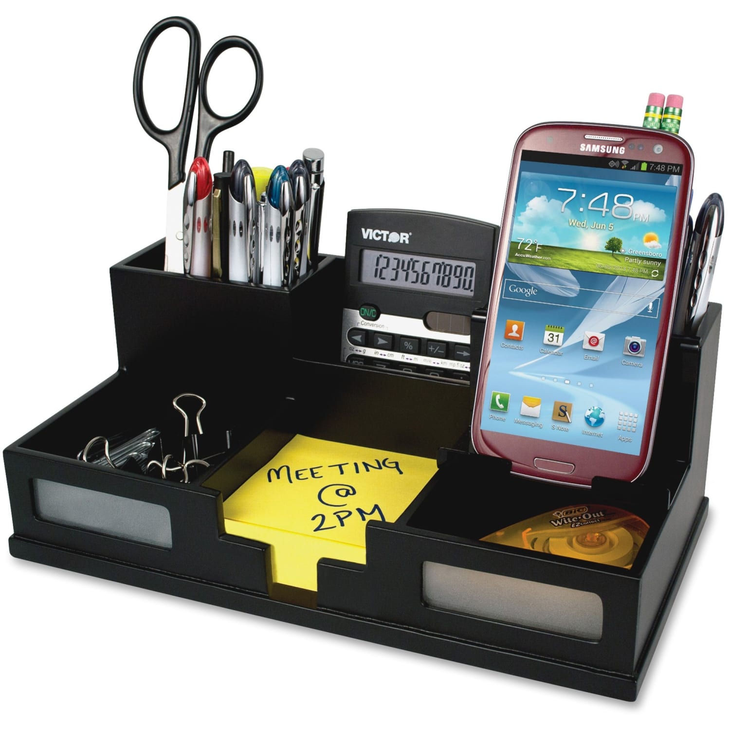 Victor Midnight Black Collection Desk Organizer With Smartphone Holder, 5 1/2inH x 10 1/2inW x 3 1/2inD, Black - Image 6