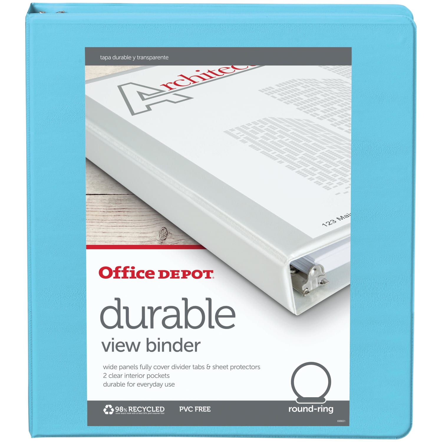 Office Depot Brand 3-Ring Durable View Binder, 1in Round Rings, Jeweler Blue - Image 3