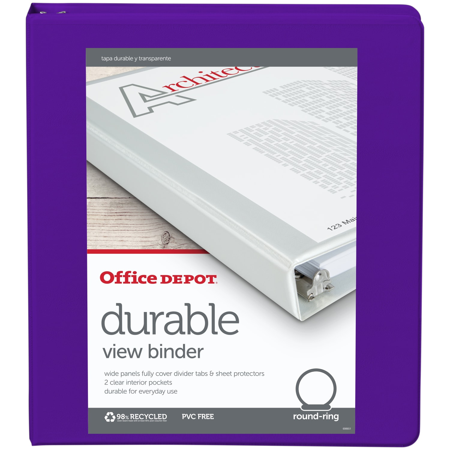 Office Depot Brand Durable View 3-Ring Binder, 1in Round Rings, Purple - Image 3
