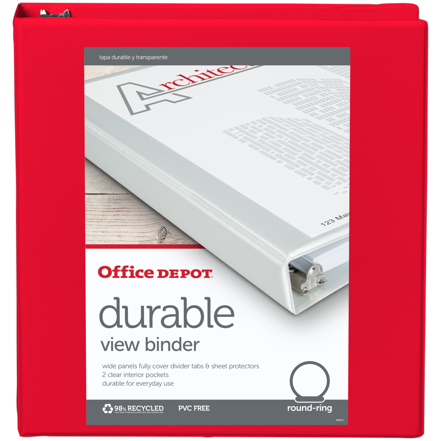Office Depot Brand Durable View 3-Ring Binder, 1 1/2in Round Rings, Red - Image 3