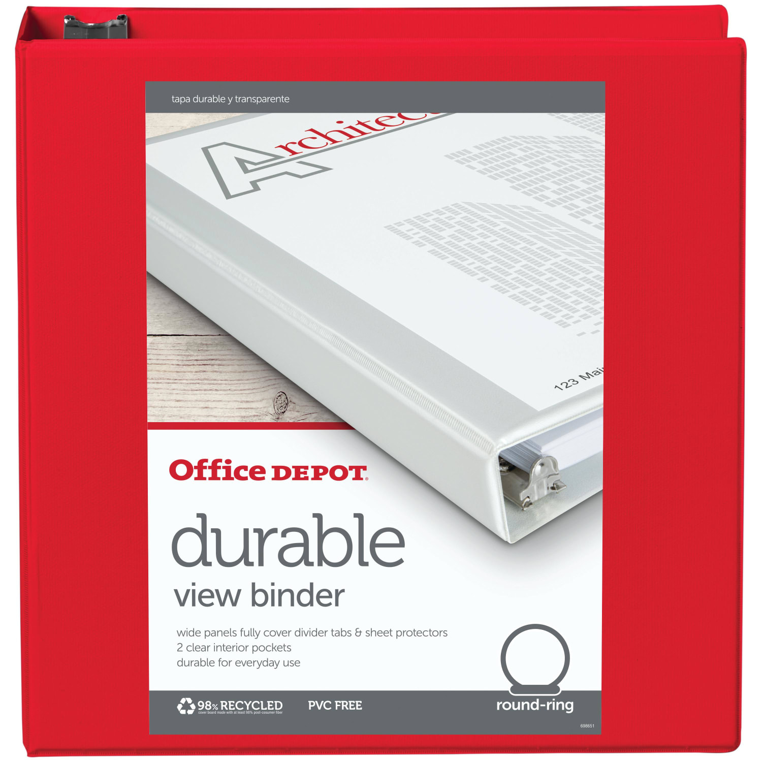 Office Depot Brand Durable View 3-Ring Binder, 2in Round Rings, Red - Image 3