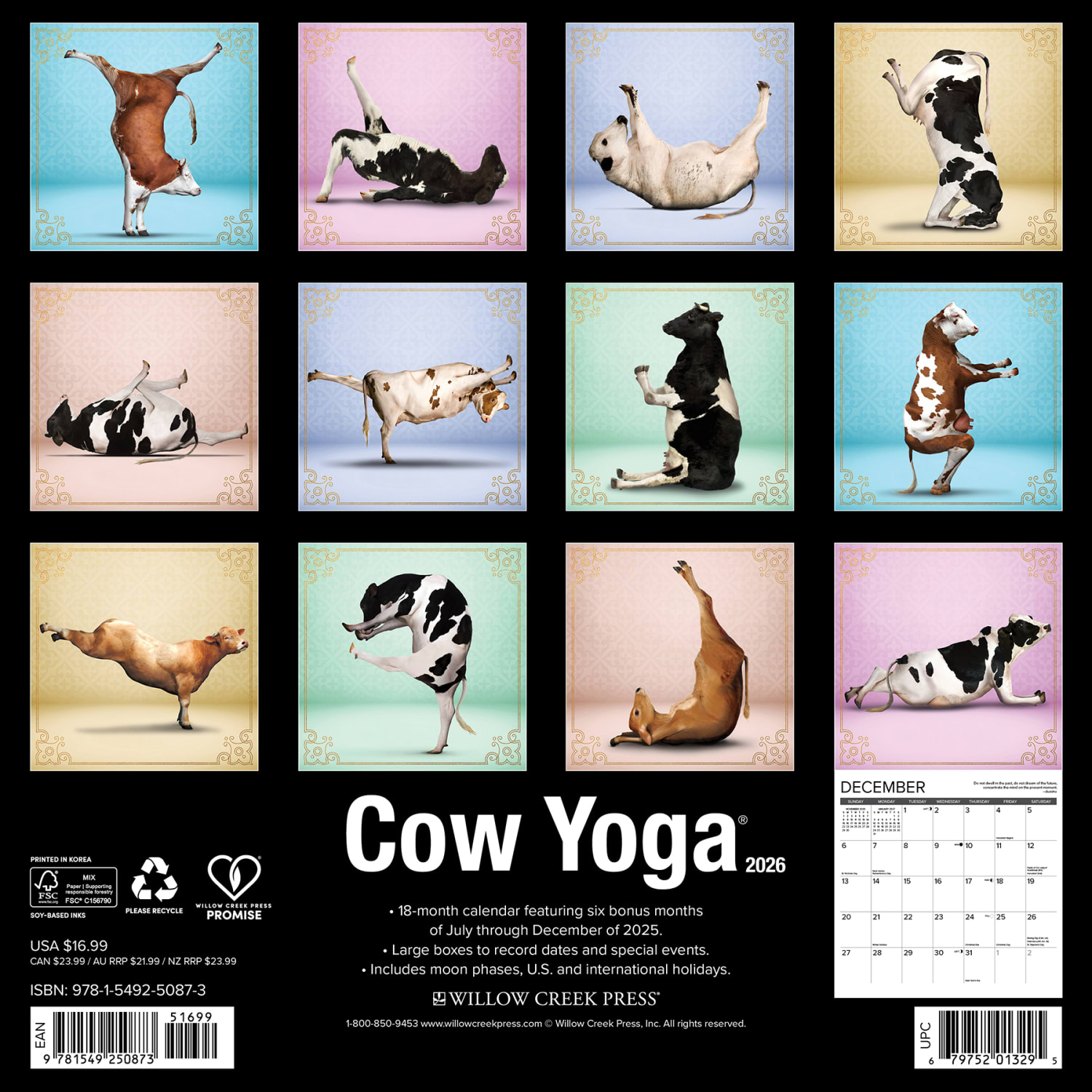 2026 Willow Creek Press Animals Monthly Wall Calendar, 12in x 12in, Cow Yoga, January To December, 50873 - Image 6