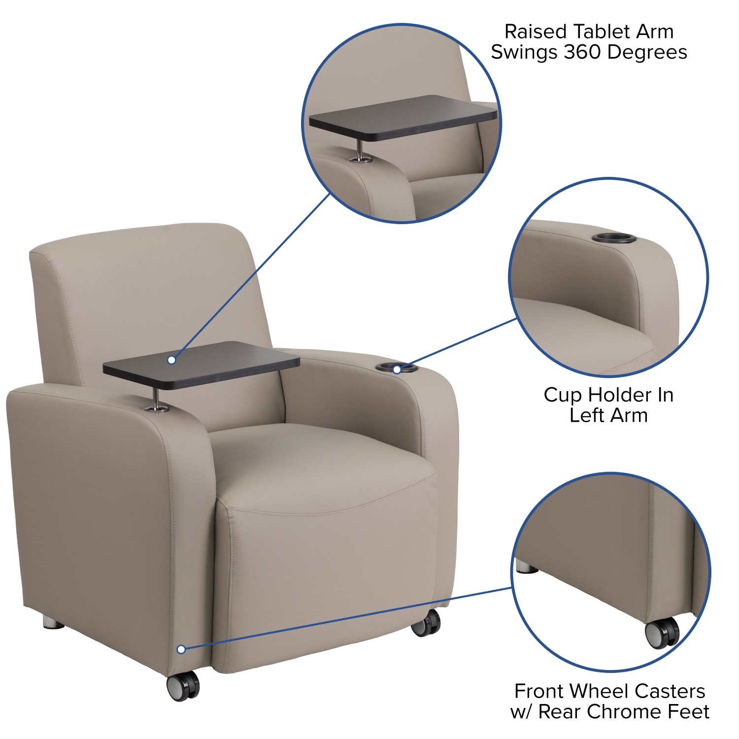 Flash Furniture LeatherSoft Contemporary Tablet-Arm Wheeled Guest Chair, Gray - Image 6
